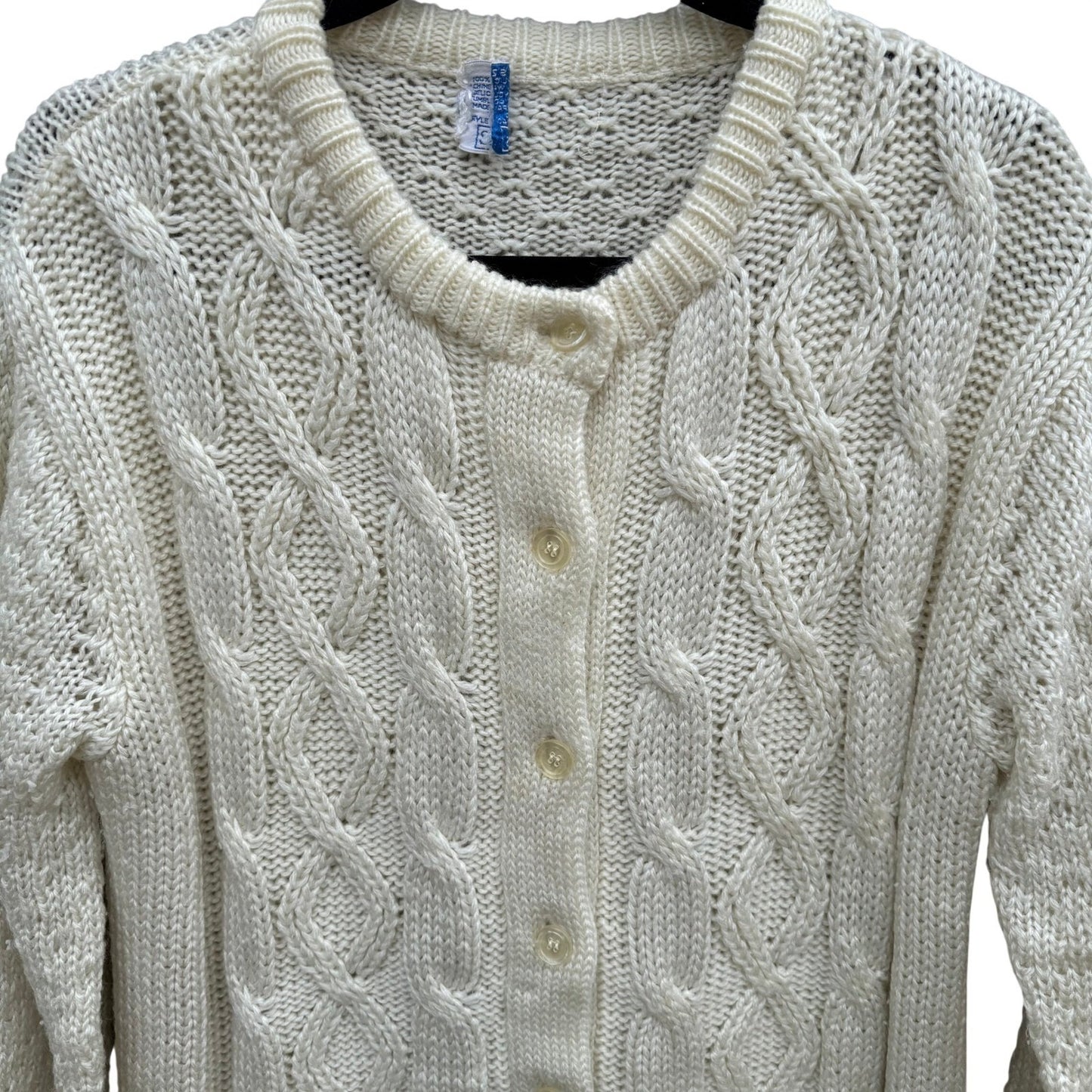 Sears Vintage Cable Knit Cardigan Sweater Cream White Button Down Womens Cottage