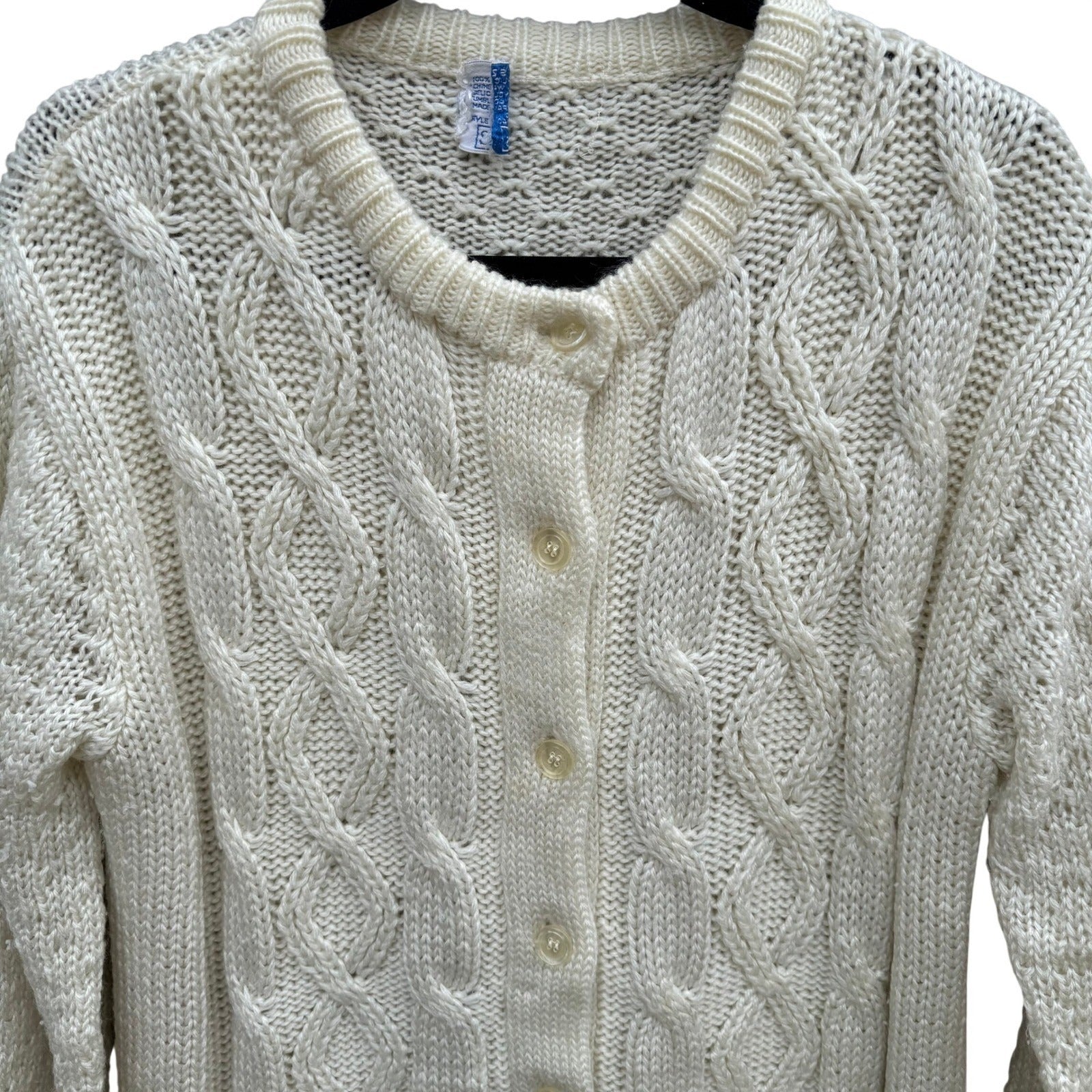 Sears Vintage Cable Knit Cardigan Sweater Cream White Button Down Womens Cottage