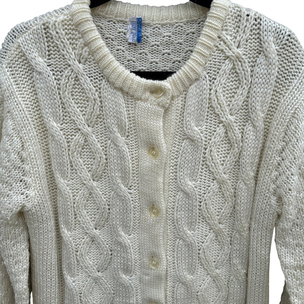Sears Vintage Cable Knit Cardigan Sweater Cream White Button Down Womens Cottage