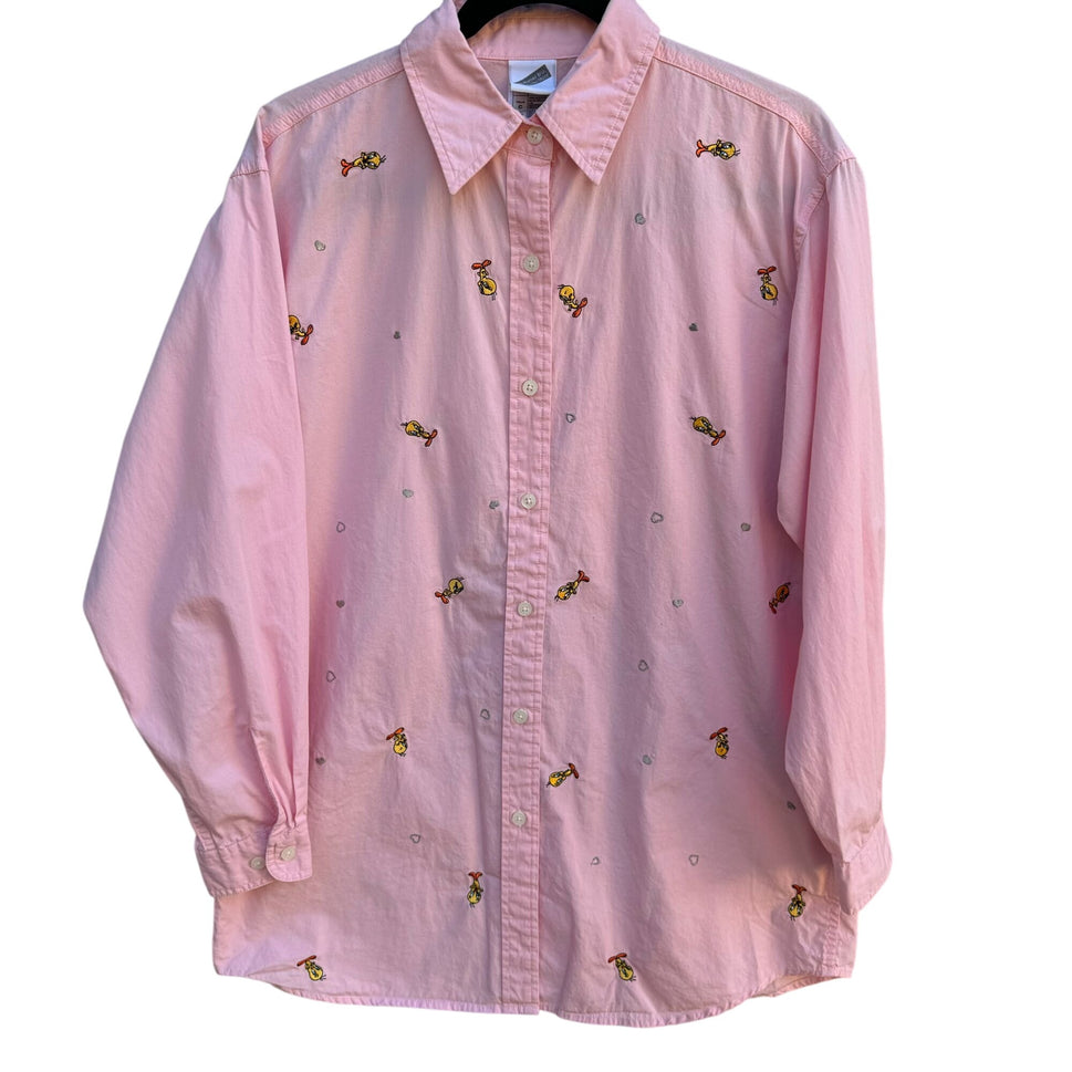 Warner Bros Vintage Womens Embroidered Tweety Bird Pink Button-Up Shirt Small