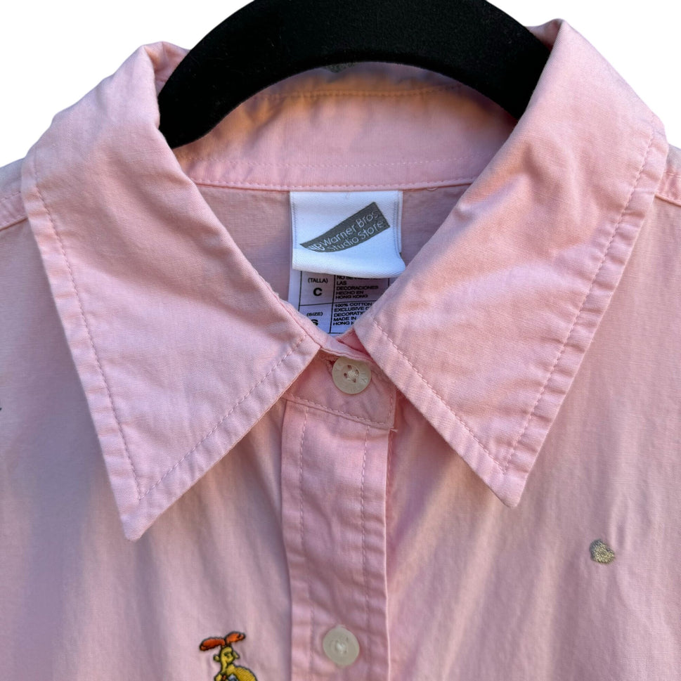 Warner Bros Vintage Womens Embroidered Tweety Bird Pink Button-Up Shirt Small