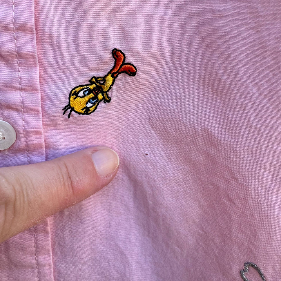 Warner Bros Vintage Womens Embroidered Tweety Bird Pink Button-Up Shirt Small