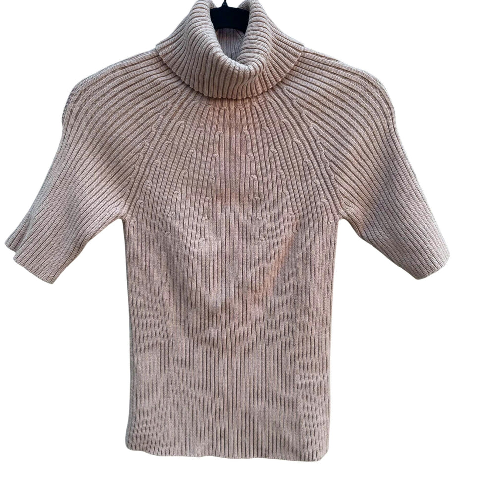DG2 By Diane Gilman Ribbed Beige Short-Sleeve Knit Turtleneck Sweater Womens M
