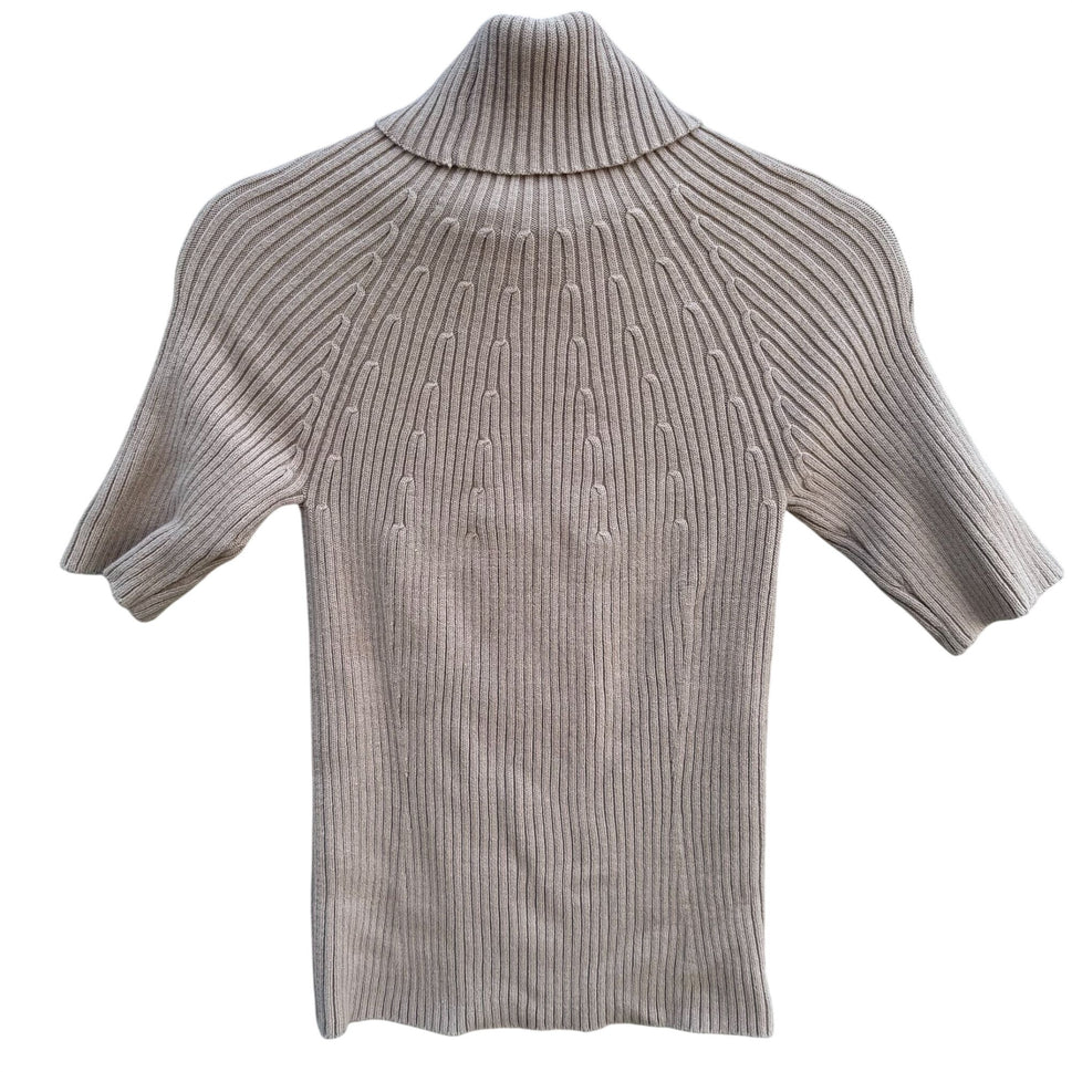 DG2 By Diane Gilman Ribbed Beige Short-Sleeve Knit Turtleneck Sweater Womens M