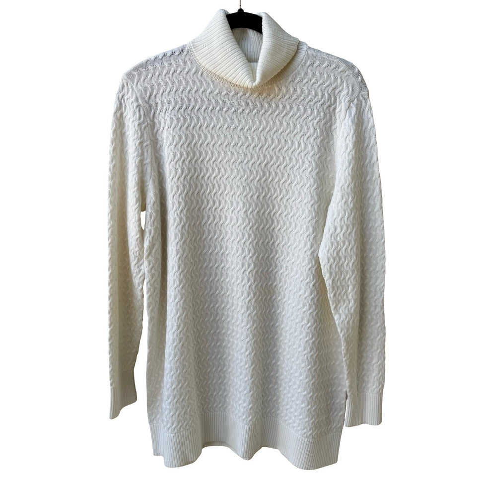 Lands End Coastal Preppy Textured Wavy Cable Turtleneck Sweater Ivory L NWOT