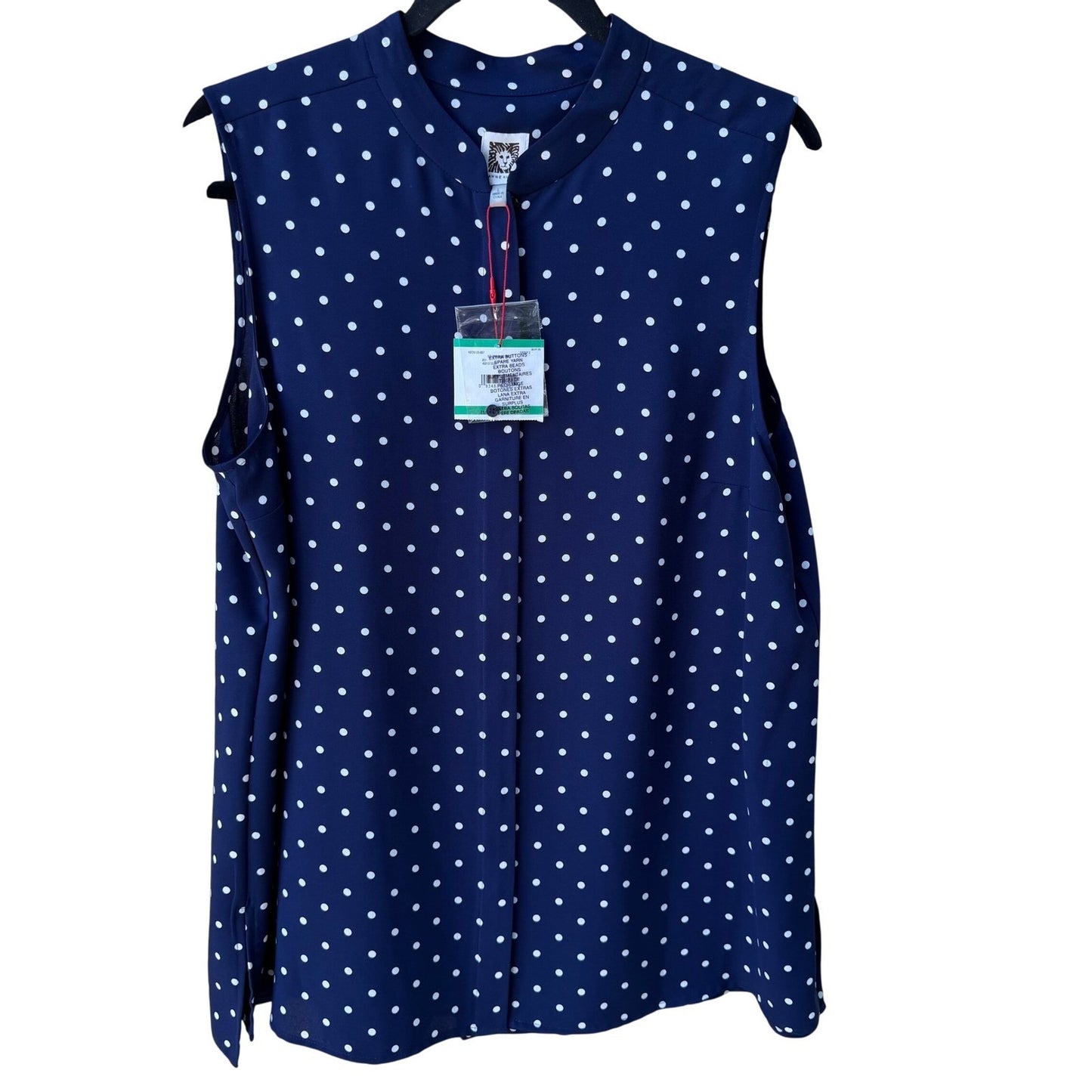 Anne Klein Nautical Minimalist Polka Dot Preppy Band Collar Blouse Navy L NEW