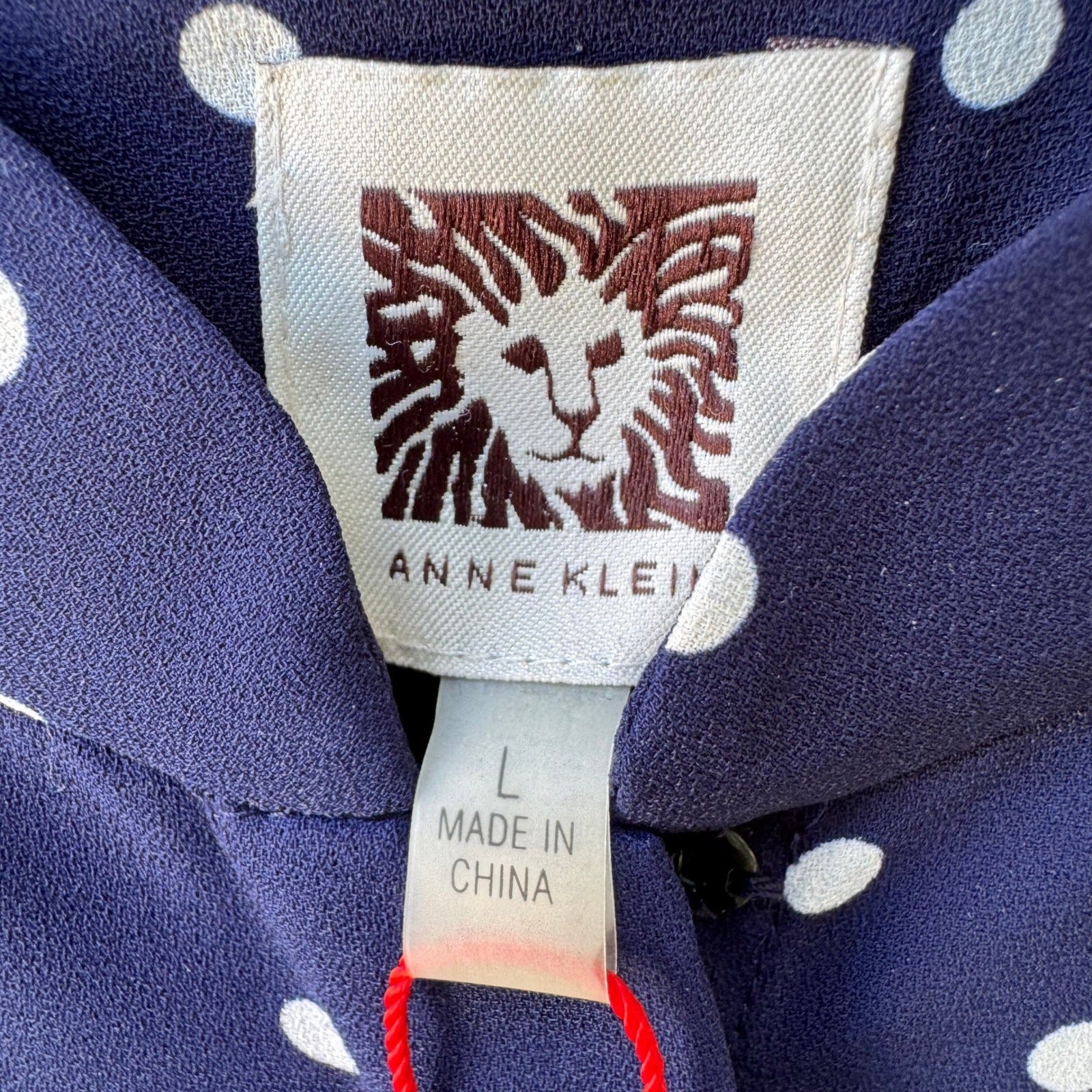 Anne Klein Nautical Minimalist Polka Dot Preppy Band Collar Blouse Navy L NEW