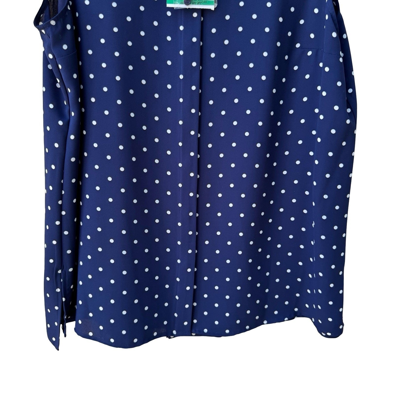 Anne Klein Nautical Minimalist Polka Dot Preppy Band Collar Blouse Navy L NEW