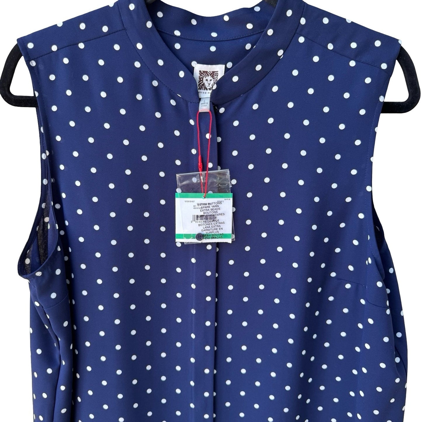 Anne Klein Nautical Minimalist Polka Dot Preppy Band Collar Blouse Navy L NEW