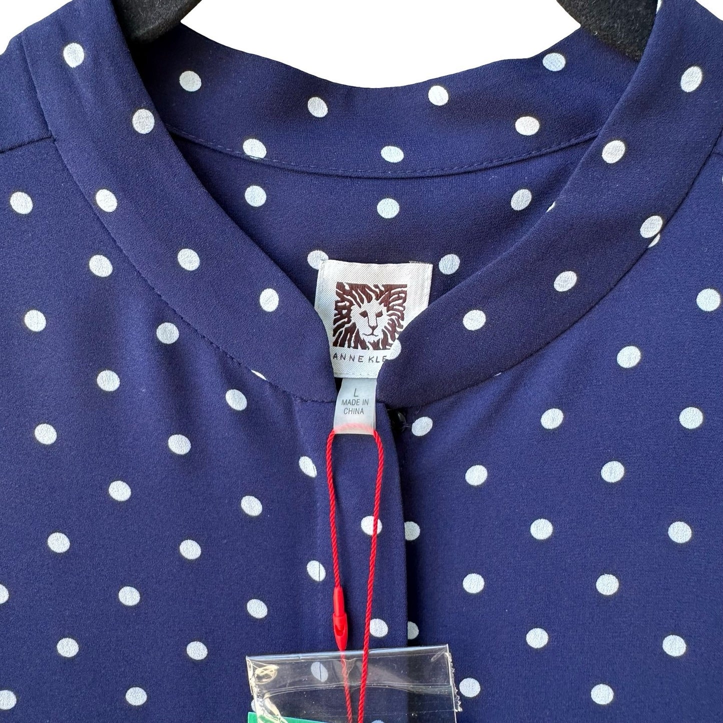 Anne Klein Nautical Minimalist Polka Dot Preppy Band Collar Blouse Navy L NEW
