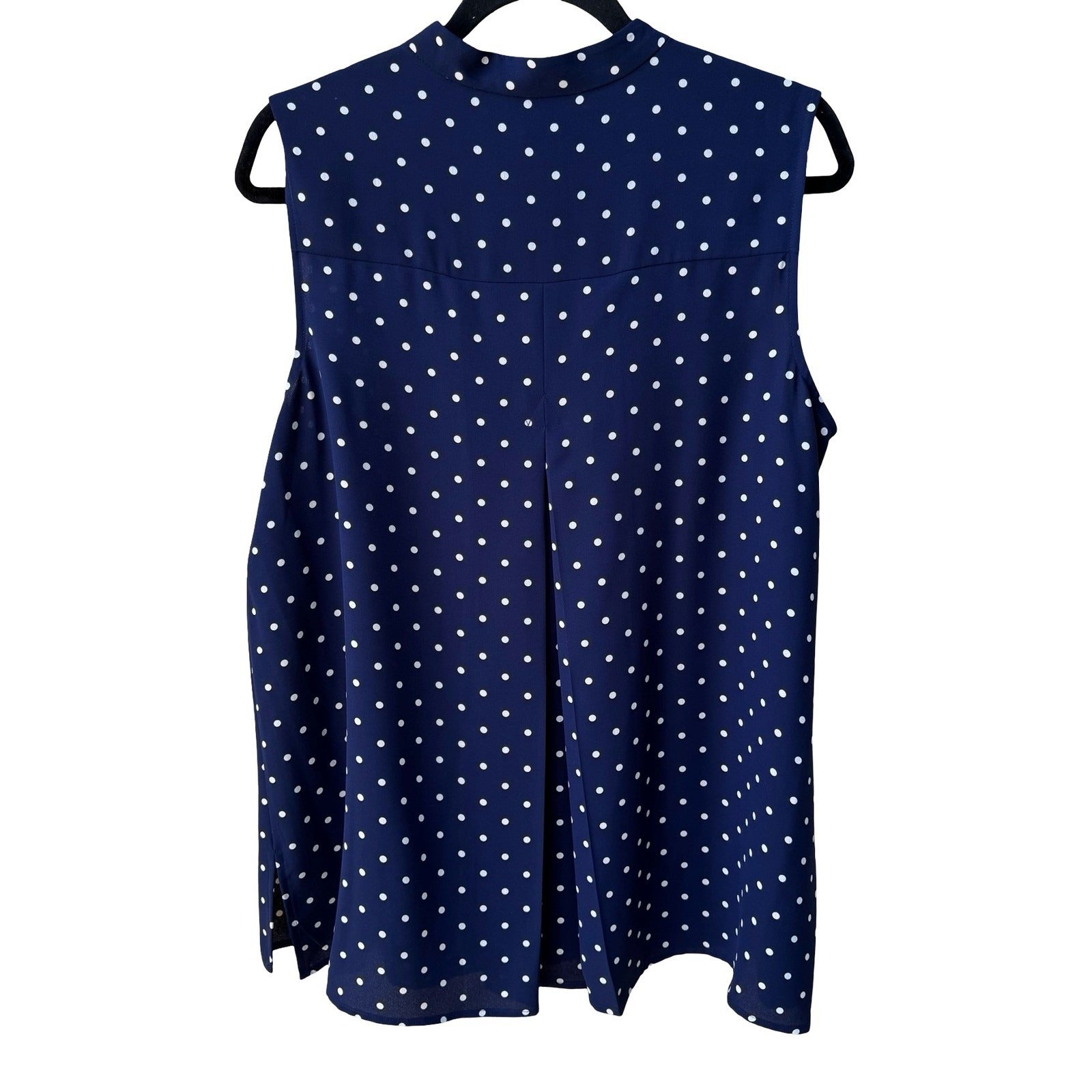 Anne Klein Nautical Minimalist Polka Dot Preppy Band Collar Blouse Navy L NEW