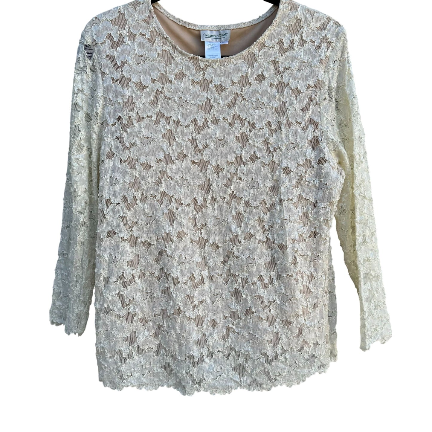 Coldwater Creek Womens Cream Stretch Lace Long Semi Sheer Sleeve Blouse Top XL