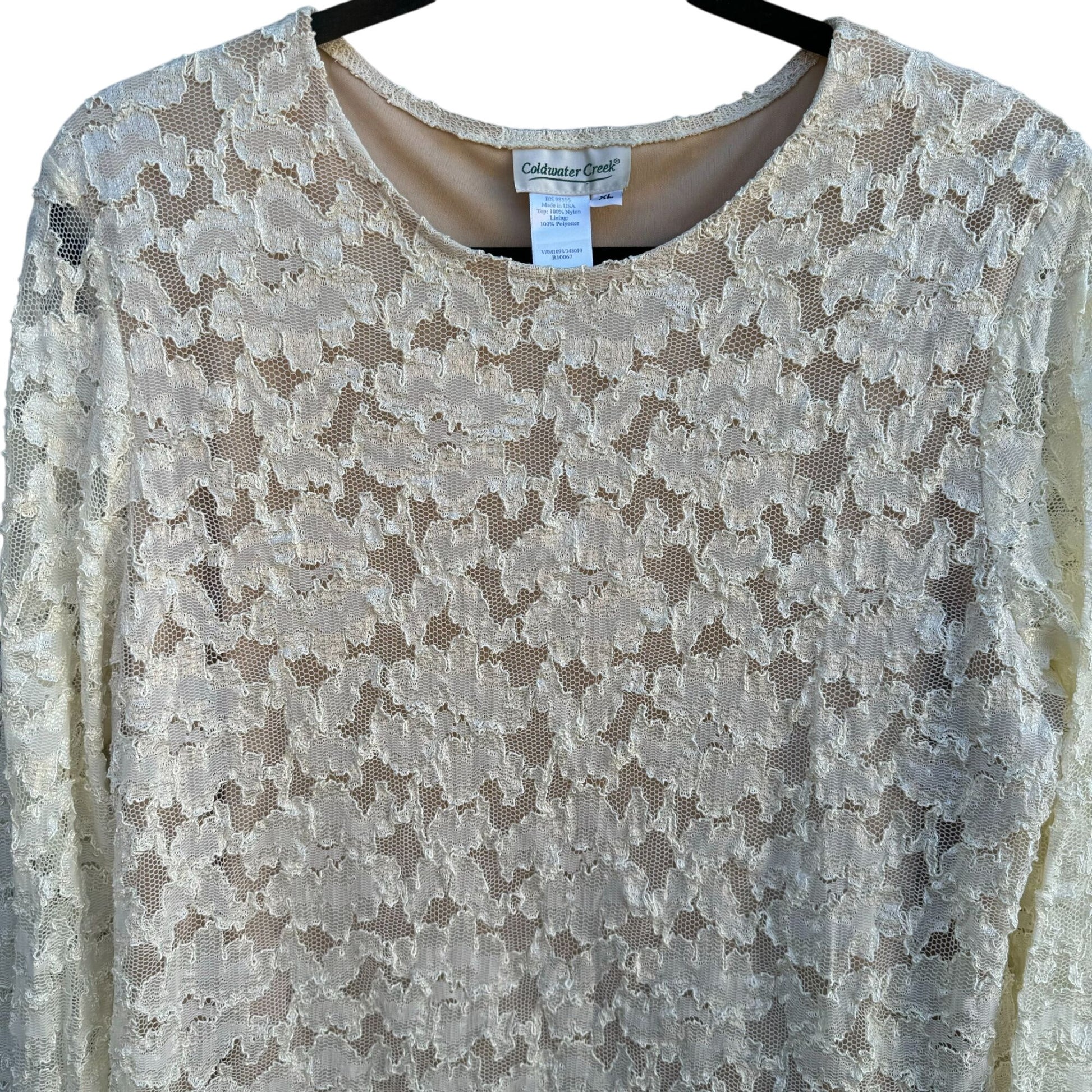 Coldwater Creek Womens Cream Stretch Lace Long Semi Sheer Sleeve Blouse Top XL