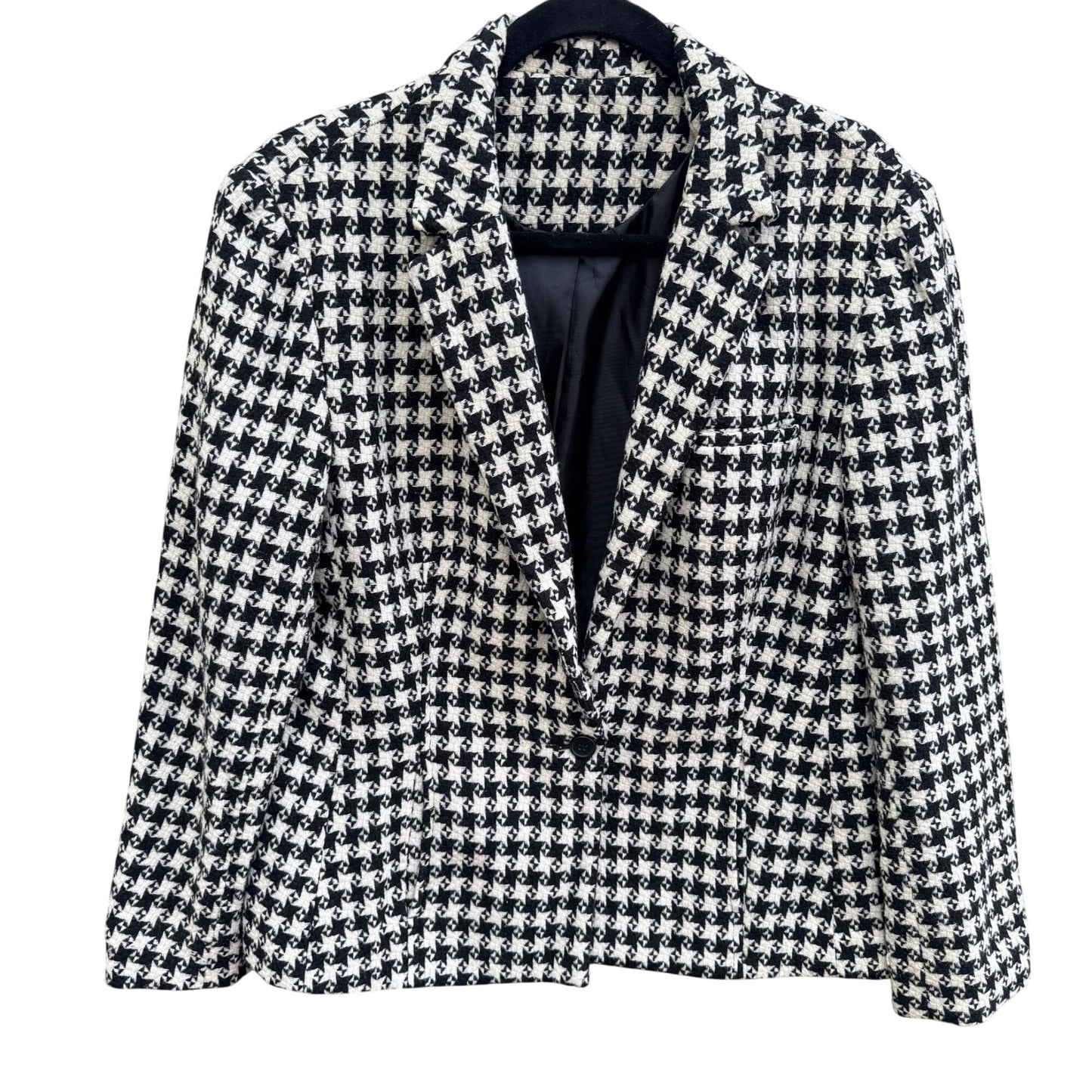 Vintage Houndstooth Womens Wool Blazer Single Breasted Pockets Old Money Preppy