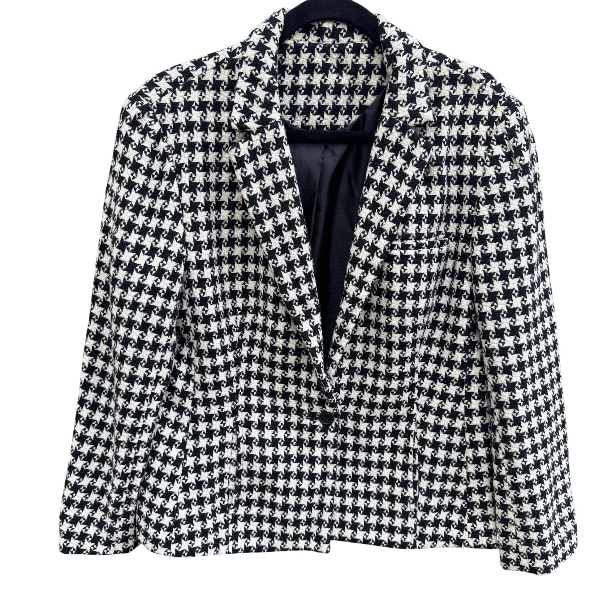 Vintage Houndstooth Womens Wool Blazer Single Breasted Pockets Old Money Preppy
