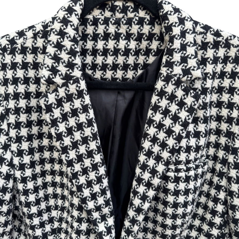 Vintage Houndstooth Womens Wool Blazer Single Breasted Pockets Old Money Preppy