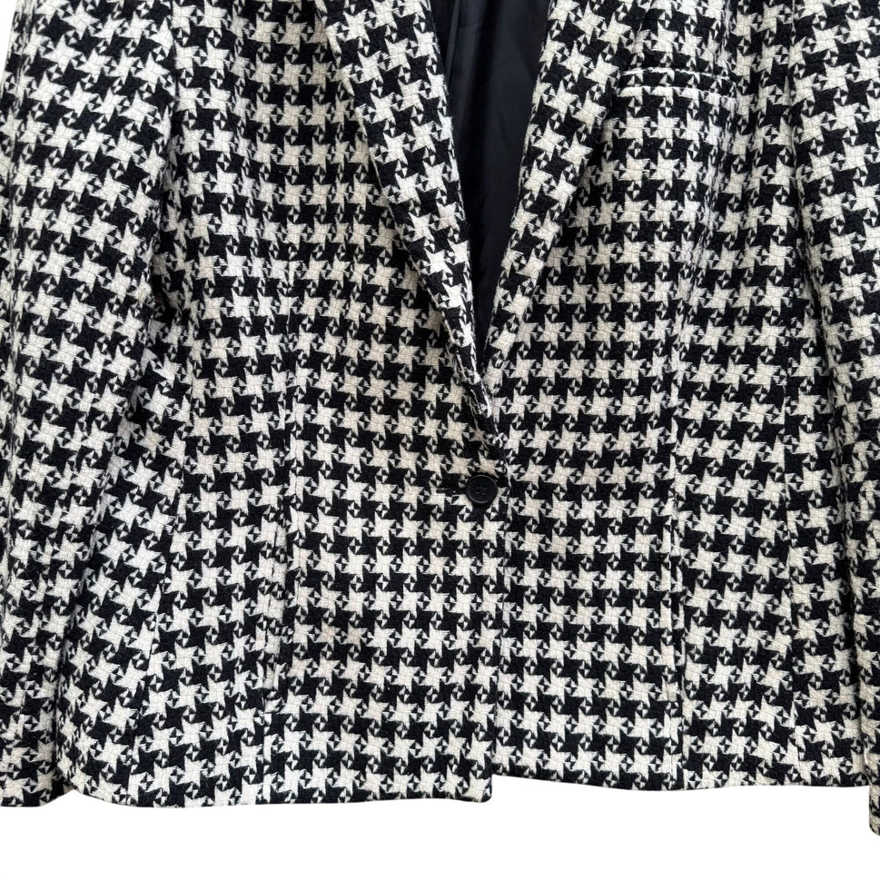 Vintage Houndstooth Womens Wool Blazer Single Breasted Pockets Old Money Preppy