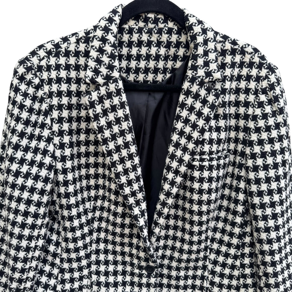 Vintage Houndstooth Womens Wool Blazer Single Breasted Pockets Old Money Preppy