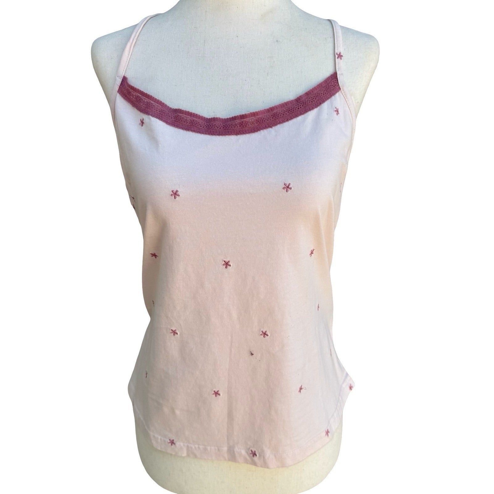 Kiabi Y2K Coquette Pink Embroidered Star Cotton Camisole Lace Trim Top XL Ballet