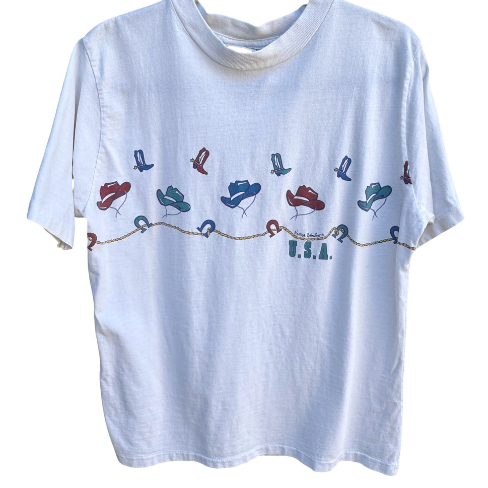 Northern Reflections Vintage 90s USA Western Cowboy Hat Graphic White T-Shirt L