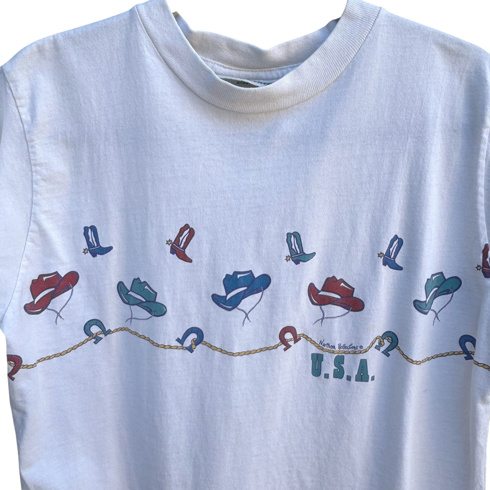 Northern Reflections Vintage 90s USA Western Cowboy Hat Graphic White T-Shirt L