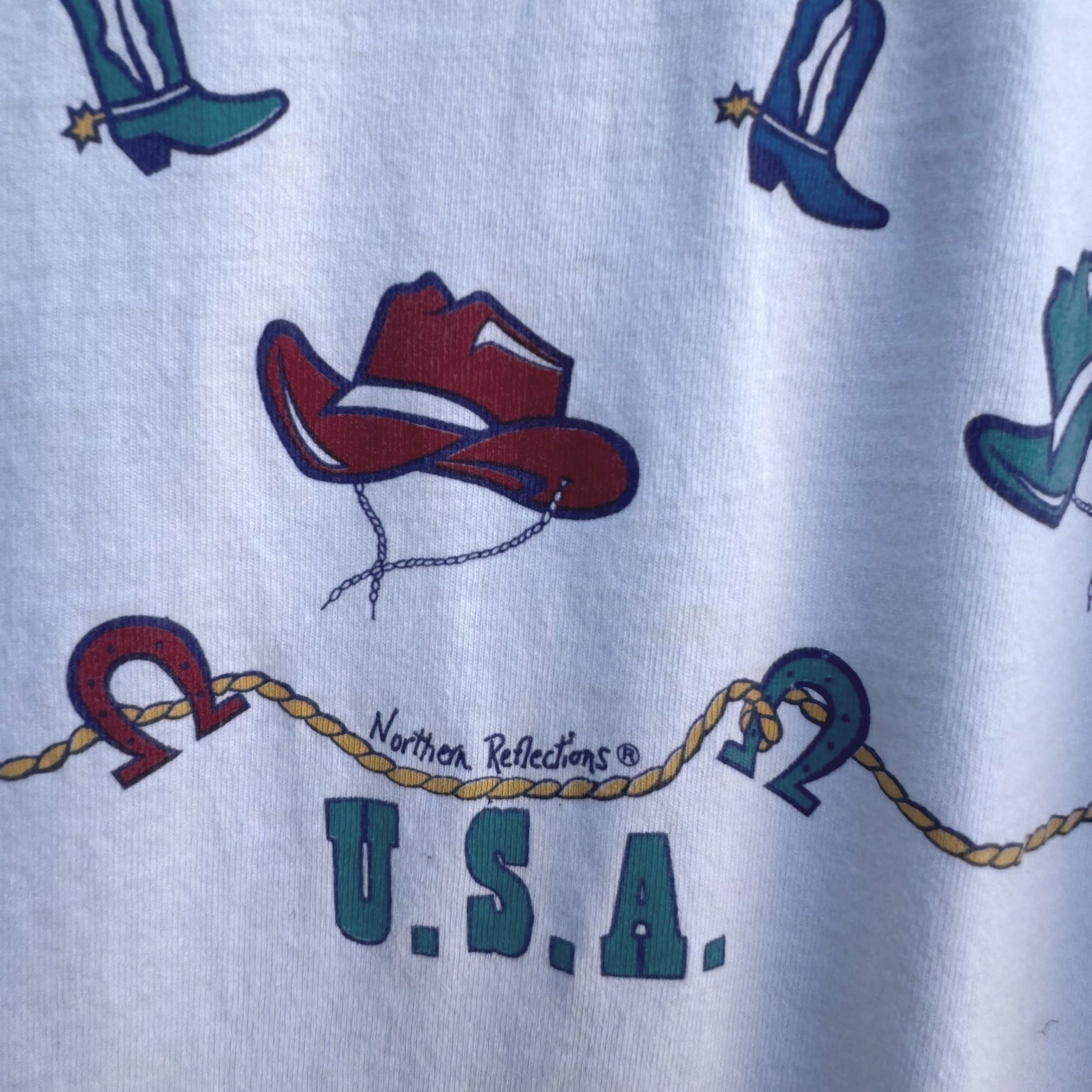 Northern Reflections Vintage 90s USA Western Cowboy Hat Graphic White T-Shirt L