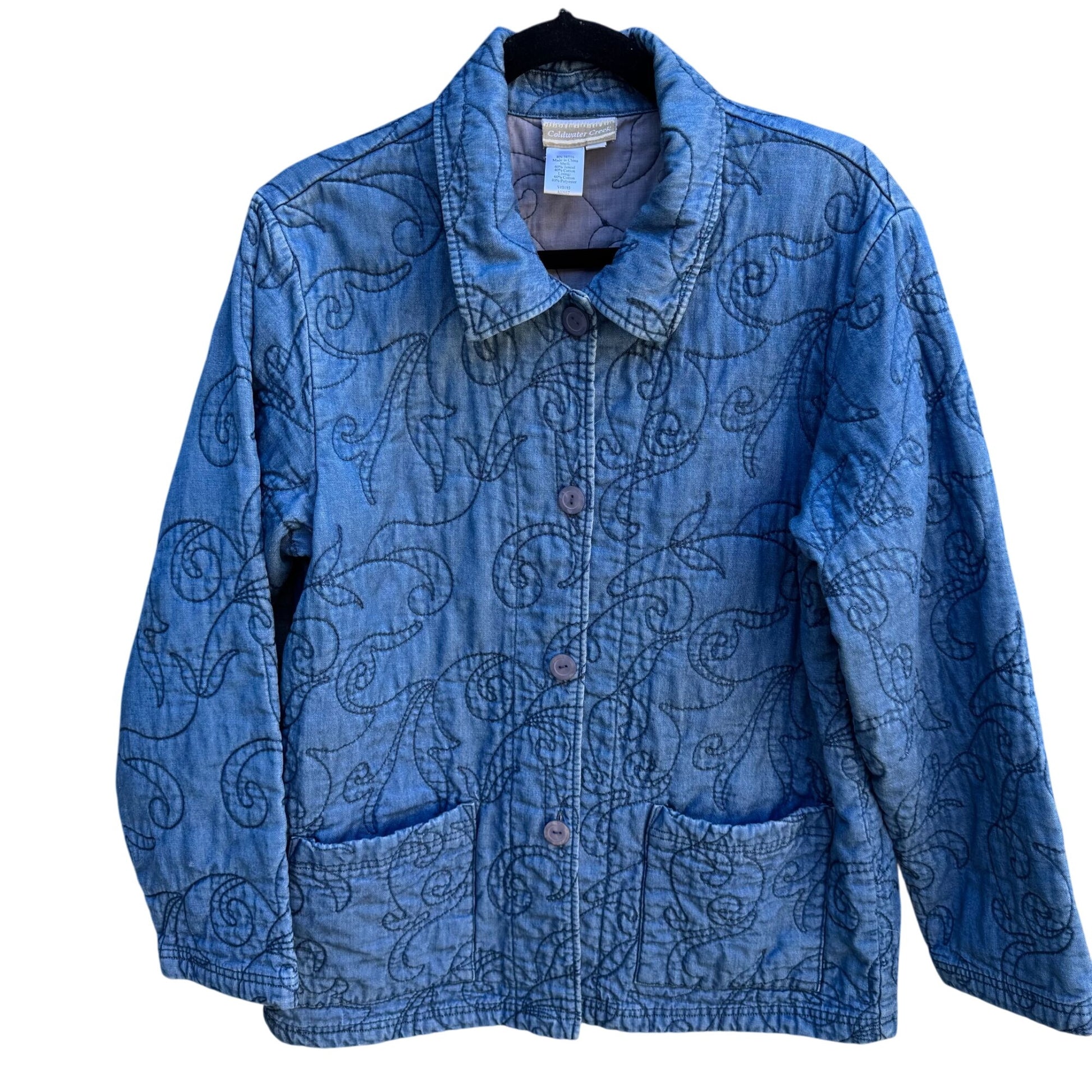 Coldwater Creek Vintage Quilted Jacket M Blue Paisley Design Button Front Jacket