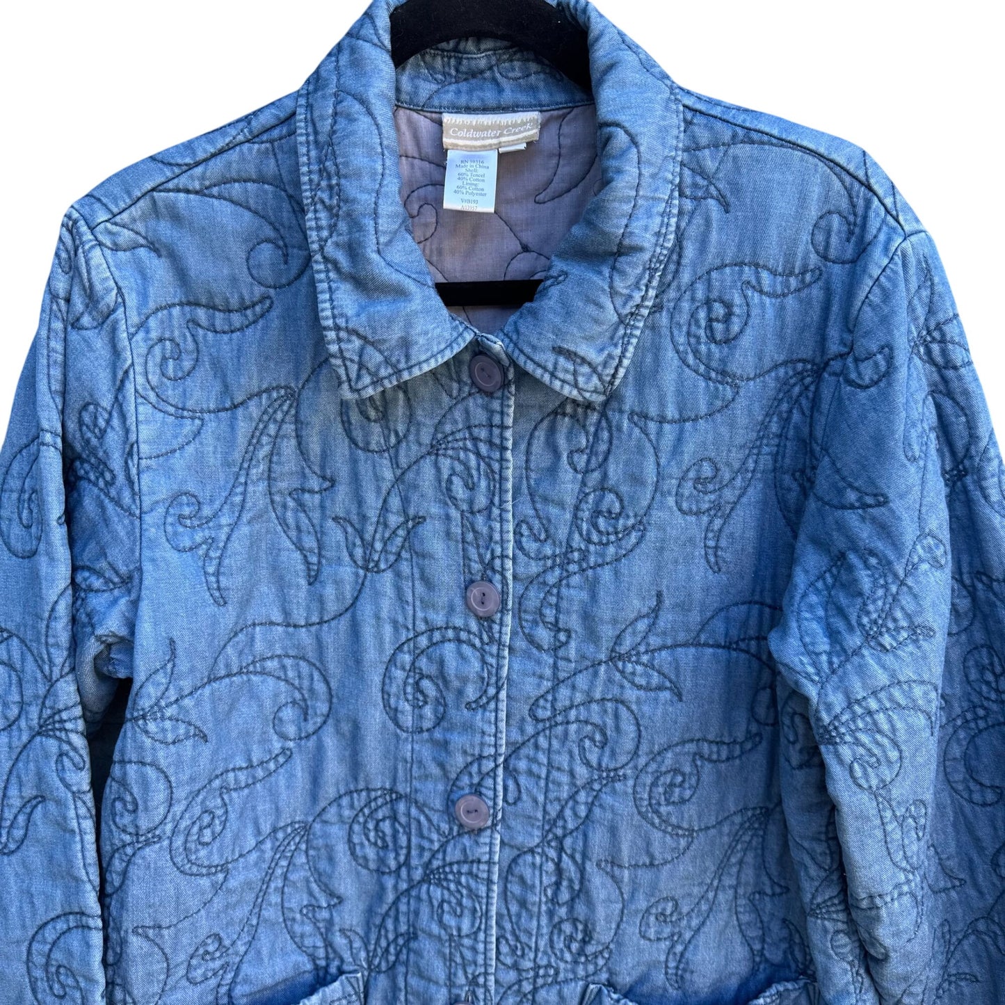 Coldwater Creek Vintage Quilted Jacket M Blue Paisley Design Button Front Jacket