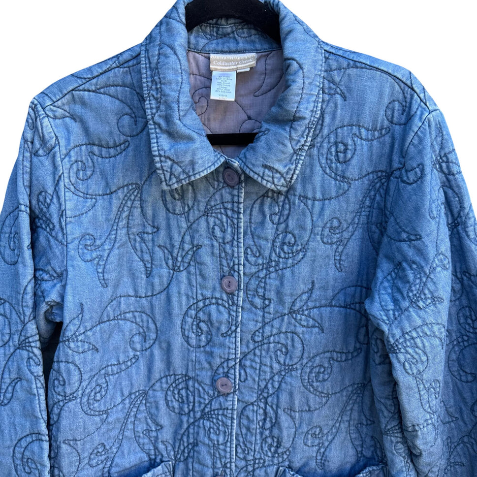 Coldwater Creek Vintage Quilted Jacket M Blue Paisley Design Button Front Jacket