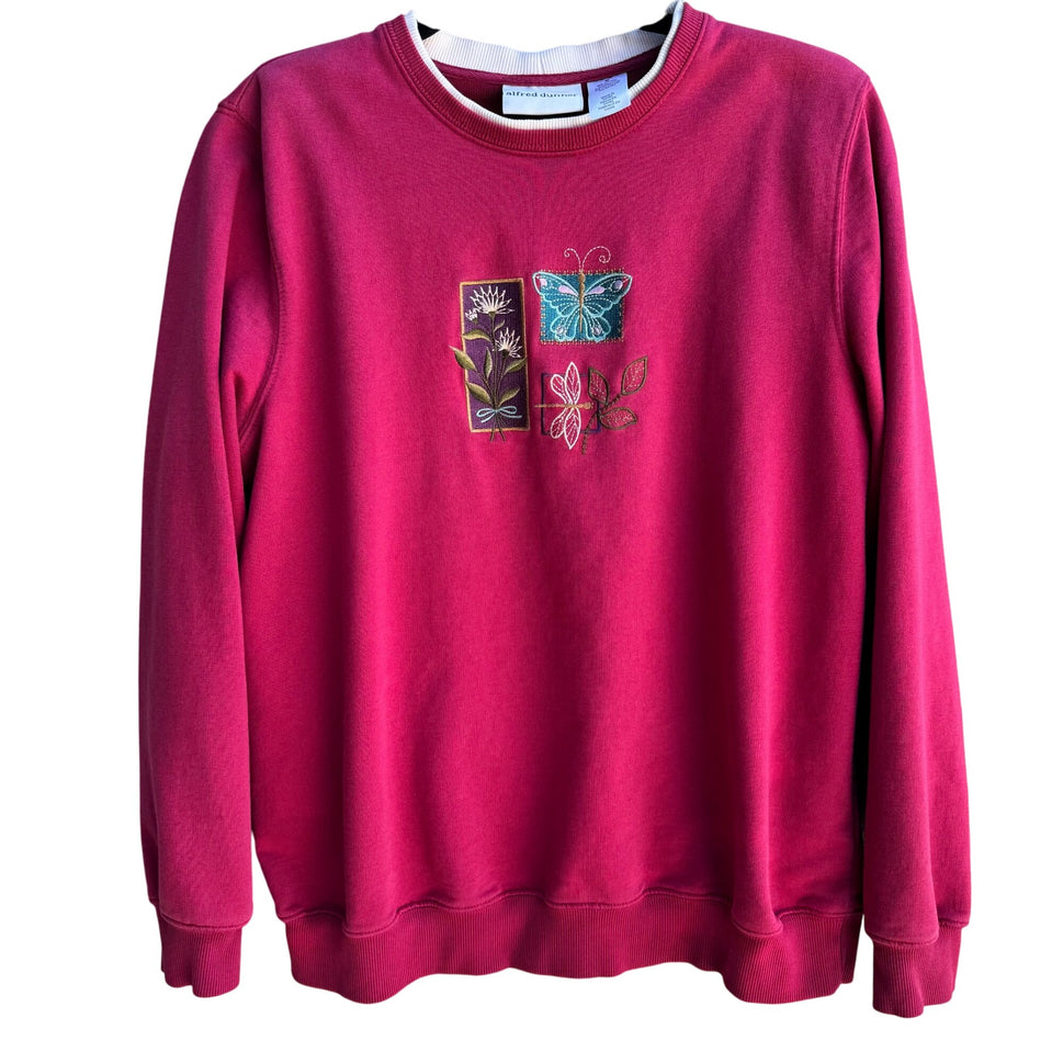Alfred Dunner Vintage Embroidered Pink Crewneck Pullover Granny Cottage Sweatshirt