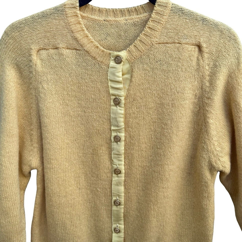 Braemar Vintage Butter Yellow Scottish Wool Preppy Grosgrain Trim Cardigan S