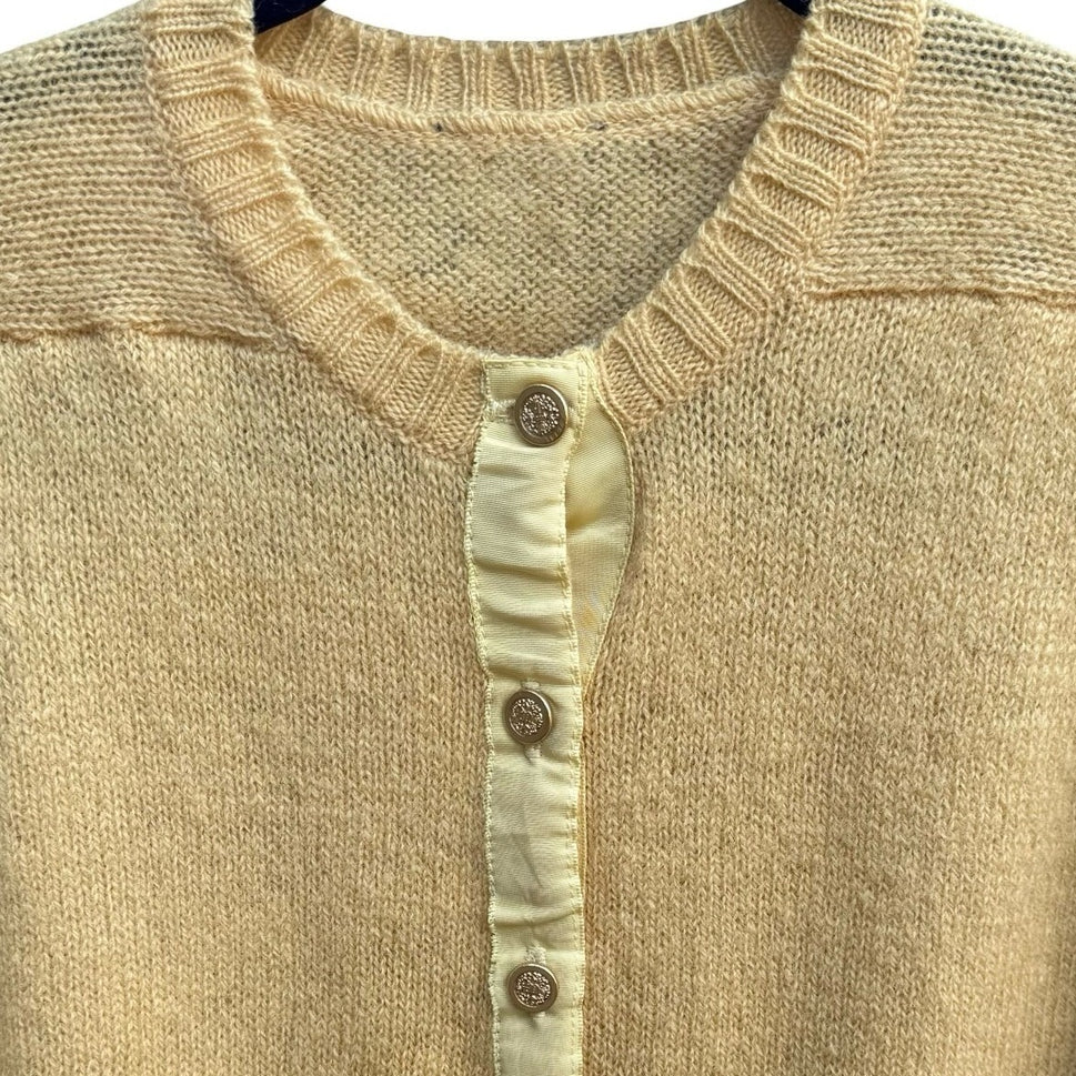 Braemar Vintage Butter Yellow Scottish Wool Preppy Grosgrain Trim Cardigan S