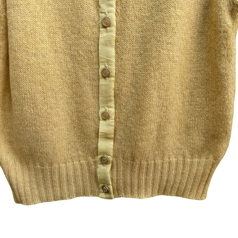 Braemar Vintage Butter Yellow Scottish Wool Preppy Grosgrain Trim Cardigan S