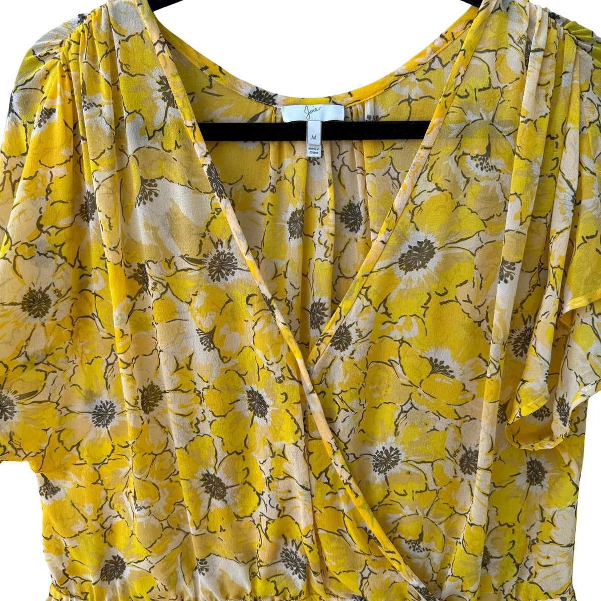 Joie 100% Silk Boho Cottagecore Airy Yellow Feminine Floral Wrap Peplum Blouse M