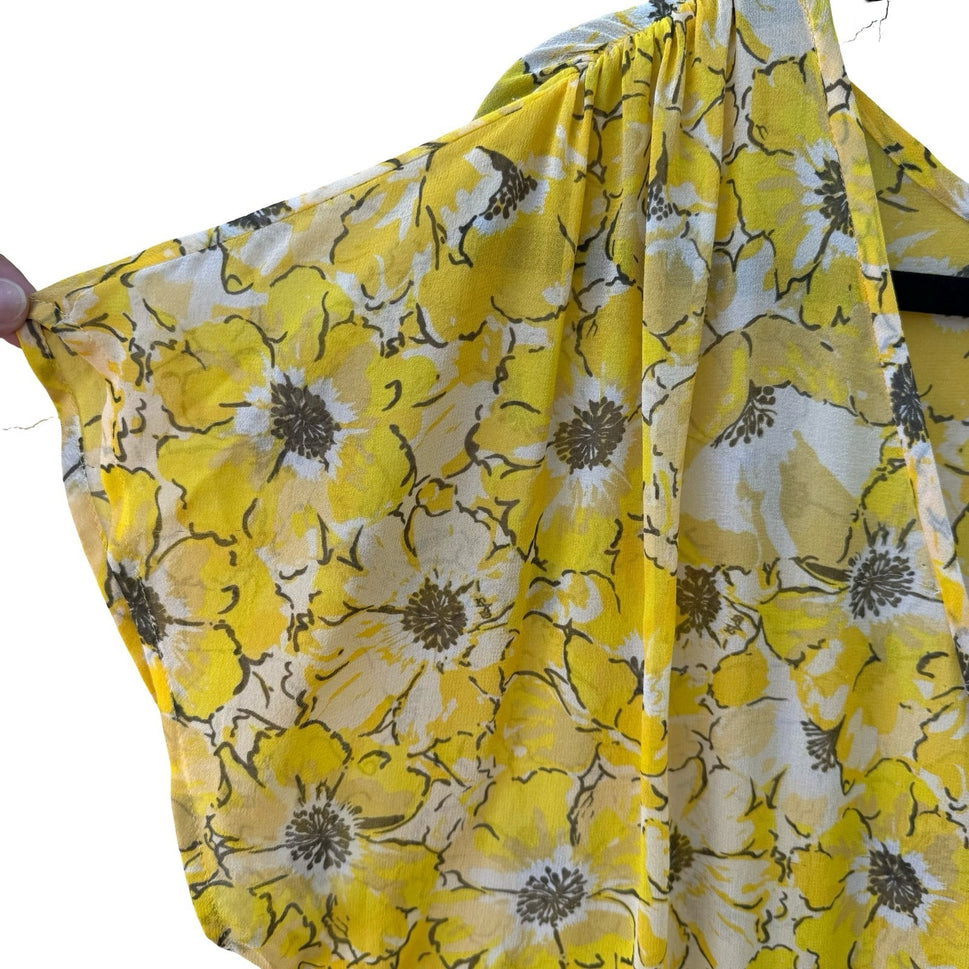 Joie 100% Silk Boho Cottagecore Airy Yellow Feminine Floral Wrap Peplum Blouse M