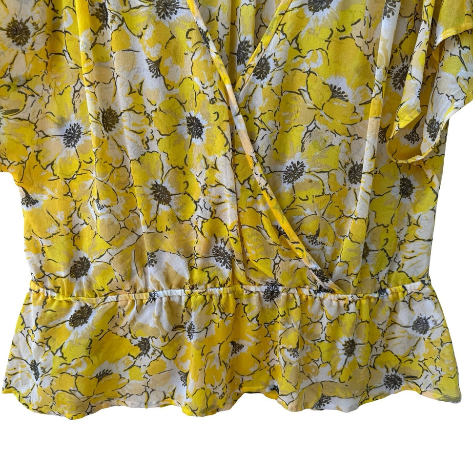 Joie 100% Silk Boho Cottagecore Airy Yellow Feminine Floral Wrap Peplum Blouse M