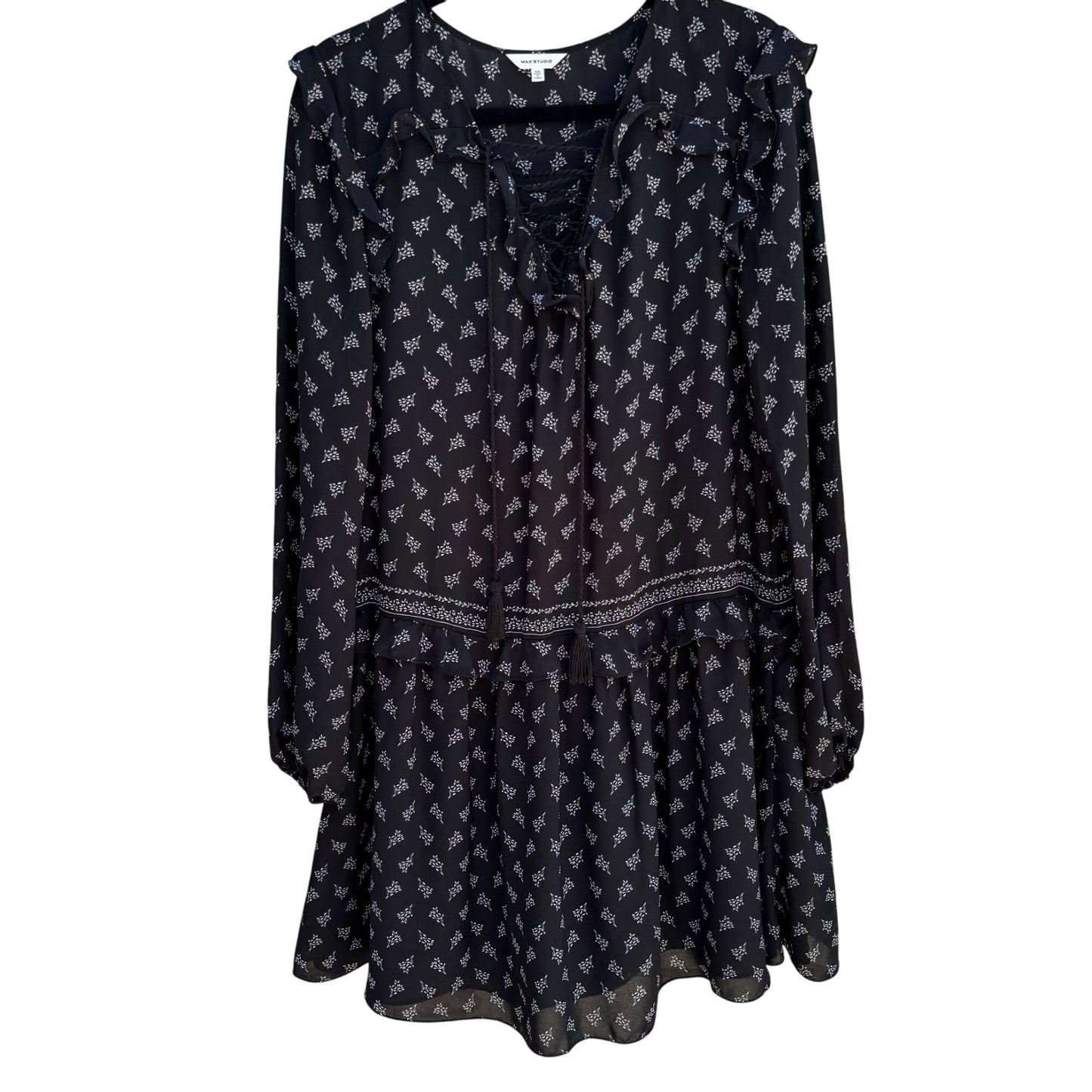 Max Studio Black Boho Long-Sleeve Lace-Up Floral Print Ruffle Trim Tassel Dress M