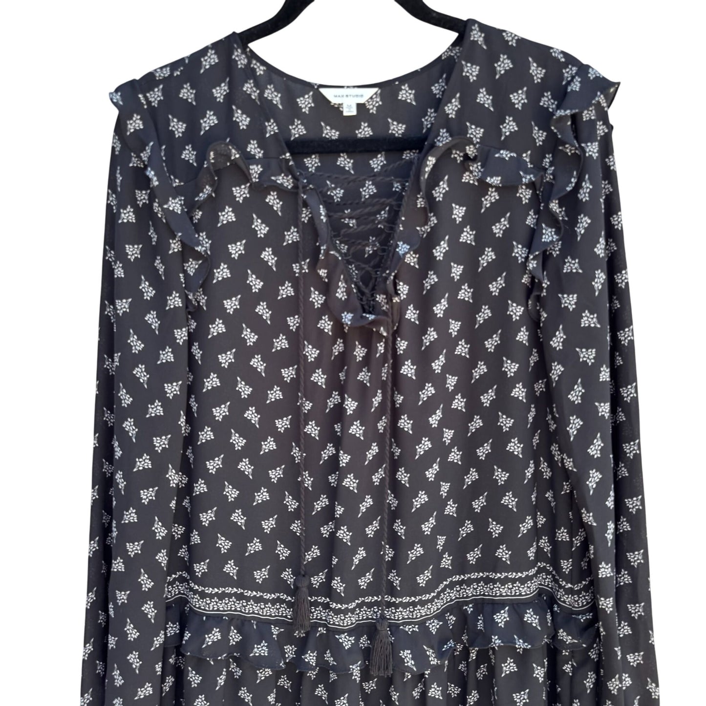 Max Studio Black Boho Long-Sleeve Lace-Up Floral Print Ruffle Trim Tassel Dress M
