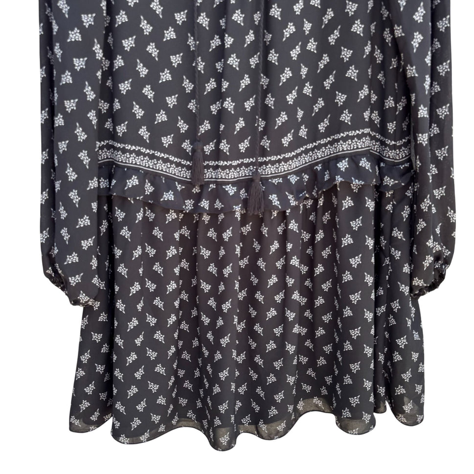 Max Studio Black Boho Long-Sleeve Lace-Up Floral Print Ruffle Trim Tassel Dress M