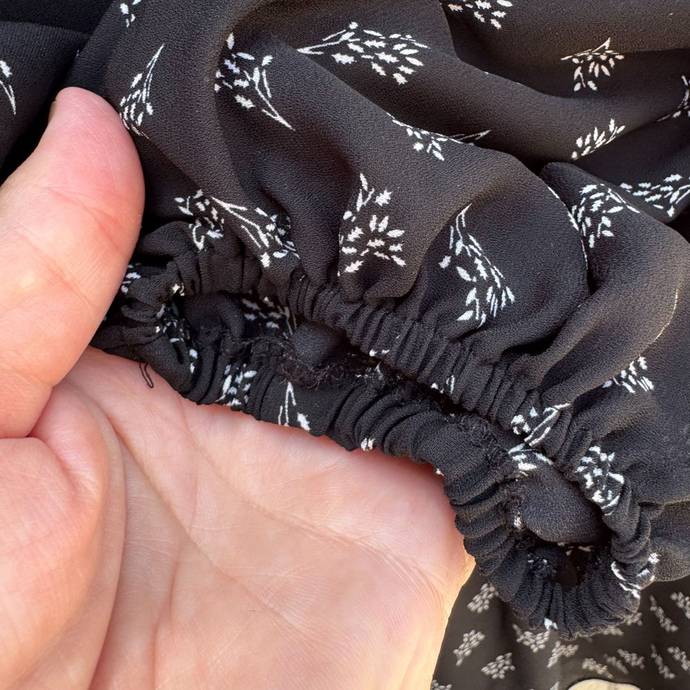 Max Studio Black Boho Long-Sleeve Lace-Up Floral Print Ruffle Trim Tassel Dress M