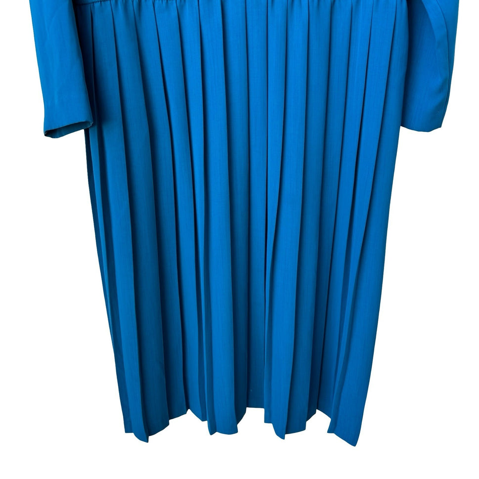 Leslie Fay Vintage Teal Blue Pleated Midi Dress Pintuck Button Front Size 14