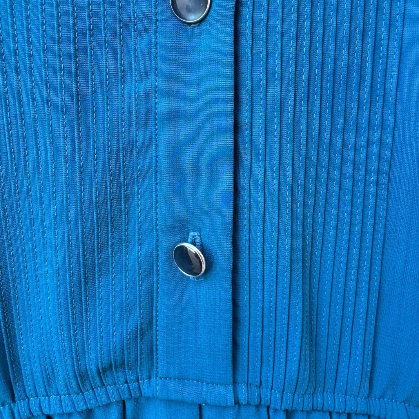 Leslie Fay Vintage Teal Blue Pleated Midi Dress Pintuck Button Front Size 14