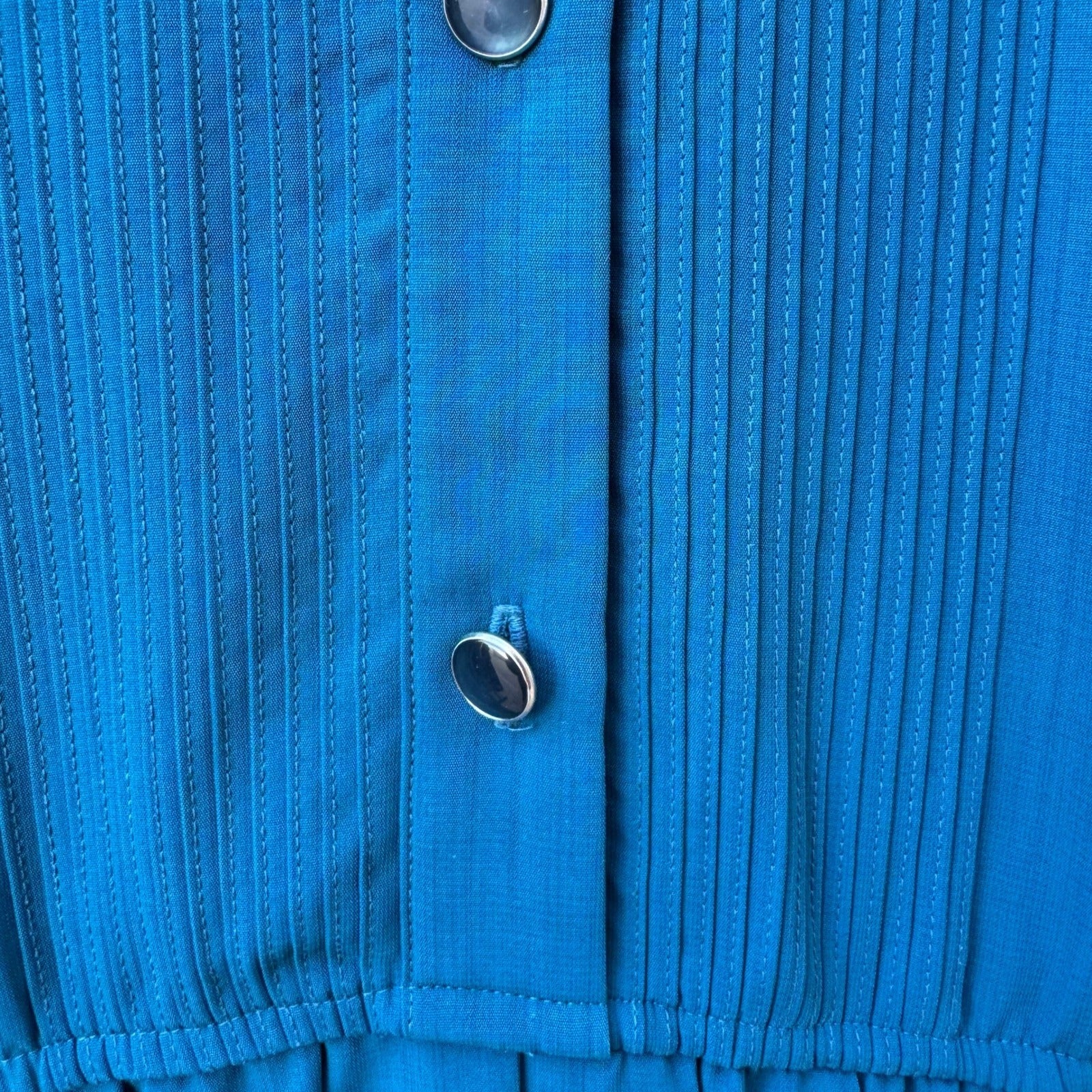Leslie Fay Vintage Teal Blue Pleated Midi Dress Pintuck Button Front Size 14