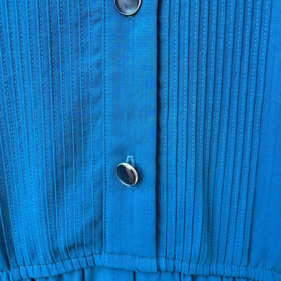 Leslie Fay Vintage Teal Blue Pleated Midi Dress Pintuck Button Front Size 14
