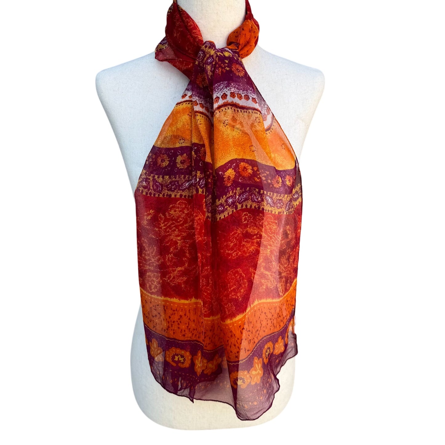 Adrienne Vittadini Vintage Silk Multicolor Red Orange Boho Print Scarf Wrap OS
