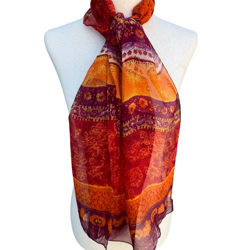 Adrienne Vittadini Vintage Silk Multicolor Red Orange Boho Print Scarf Wrap OS