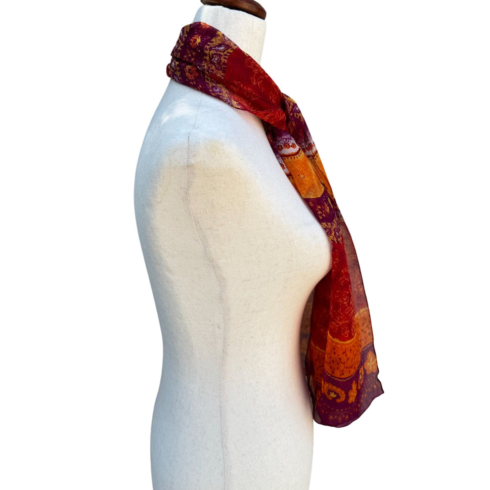 Adrienne Vittadini Vintage Silk Multicolor Red Orange Boho Print Scarf Wrap OS