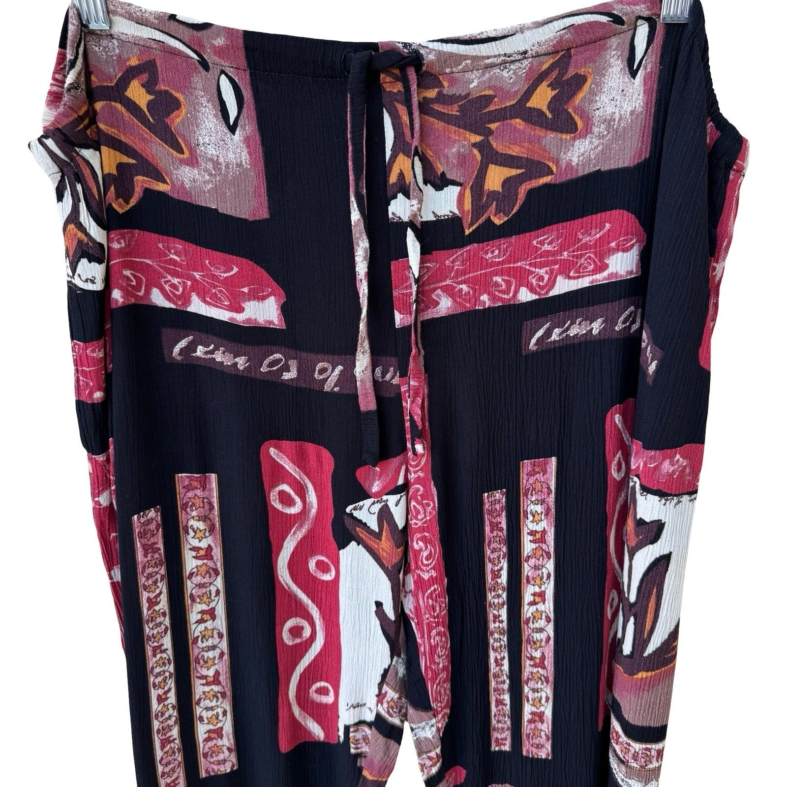 Surya Womens Abstract Geometric Floral Rayon Drawstring Crop Pants Black Red XL