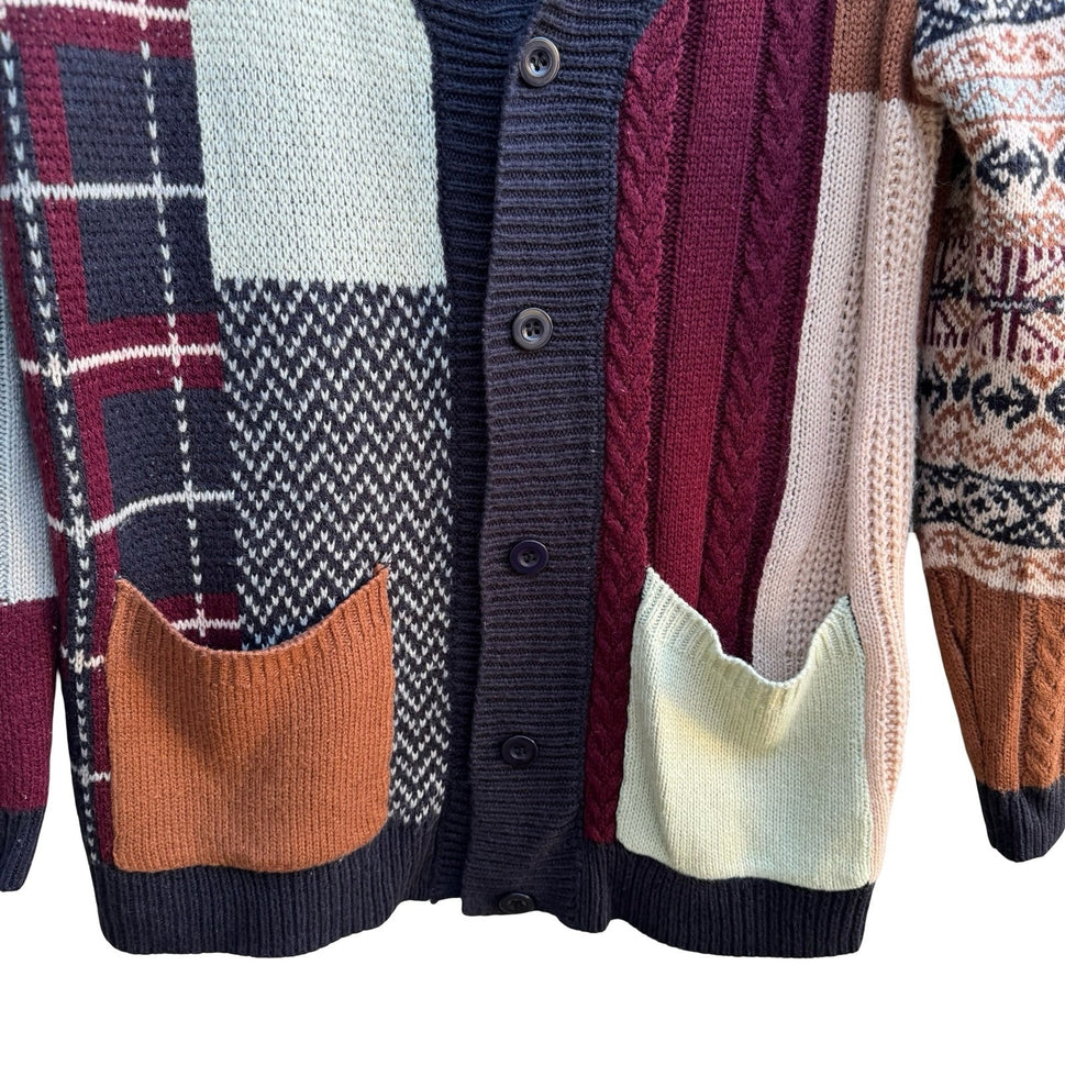 Patchwork Fair Isle Dark Academia Cable Knit Shawl Cardigan Multicolor Mens M