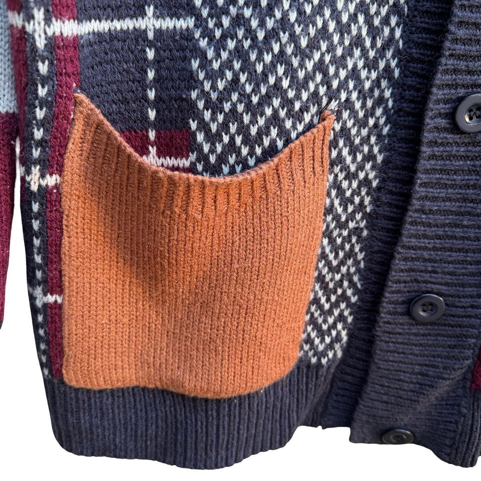 Patchwork Fair Isle Dark Academia Cable Knit Shawl Cardigan Multicolor Mens M